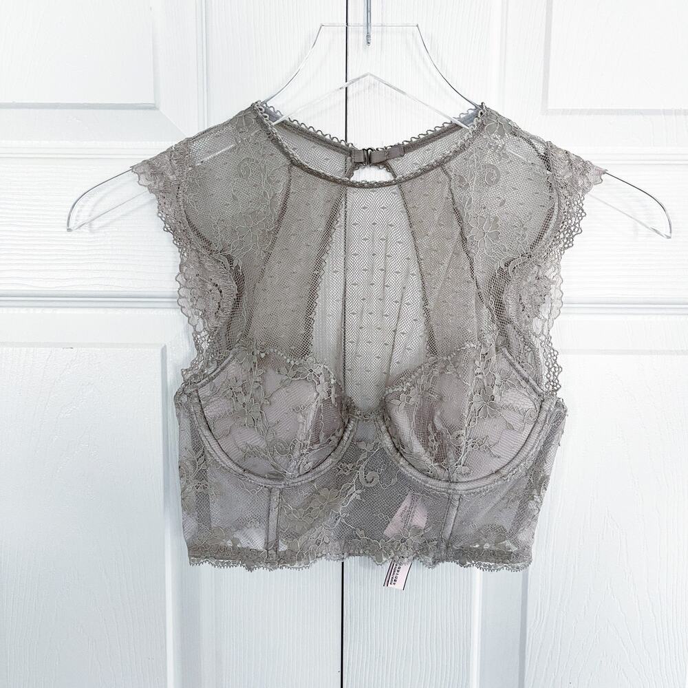 Victoria’s Secret Dream Angels Gray Lace High Neck Longline Demi Bra Corset Top